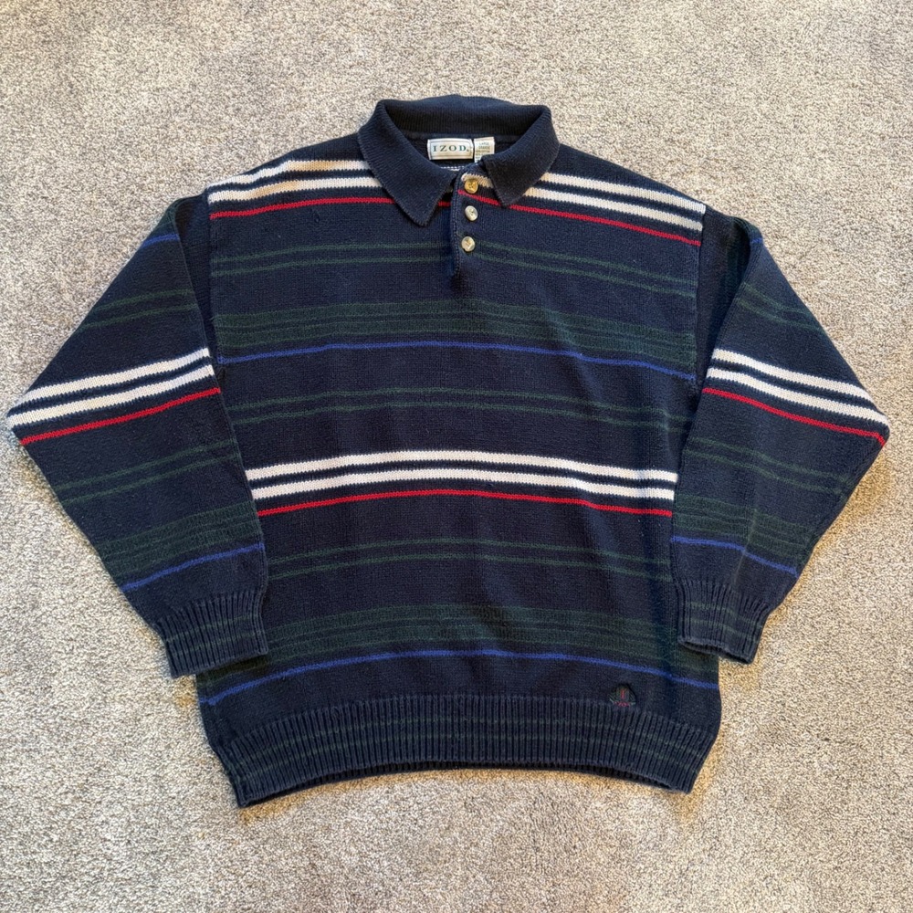 Vintage Izod Mens Navy Blue Striped Knit Polo Sweater Long Sleeve Cotton Large